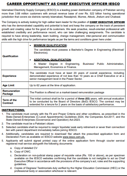 IESCO Jobs 2024 Opportunities Advertisement