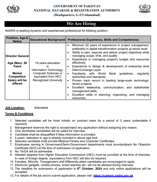 NADRA Jobs 2024 Advertisement new